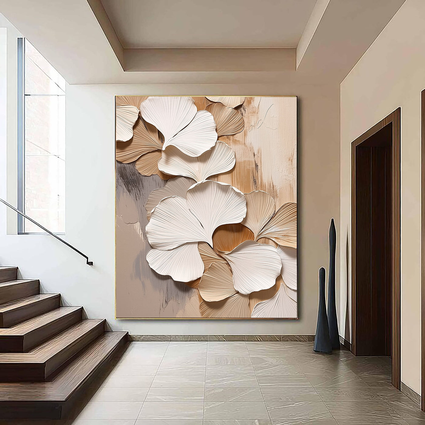 Strukturierte Ginkgo-Blätter | Beige-Weiß