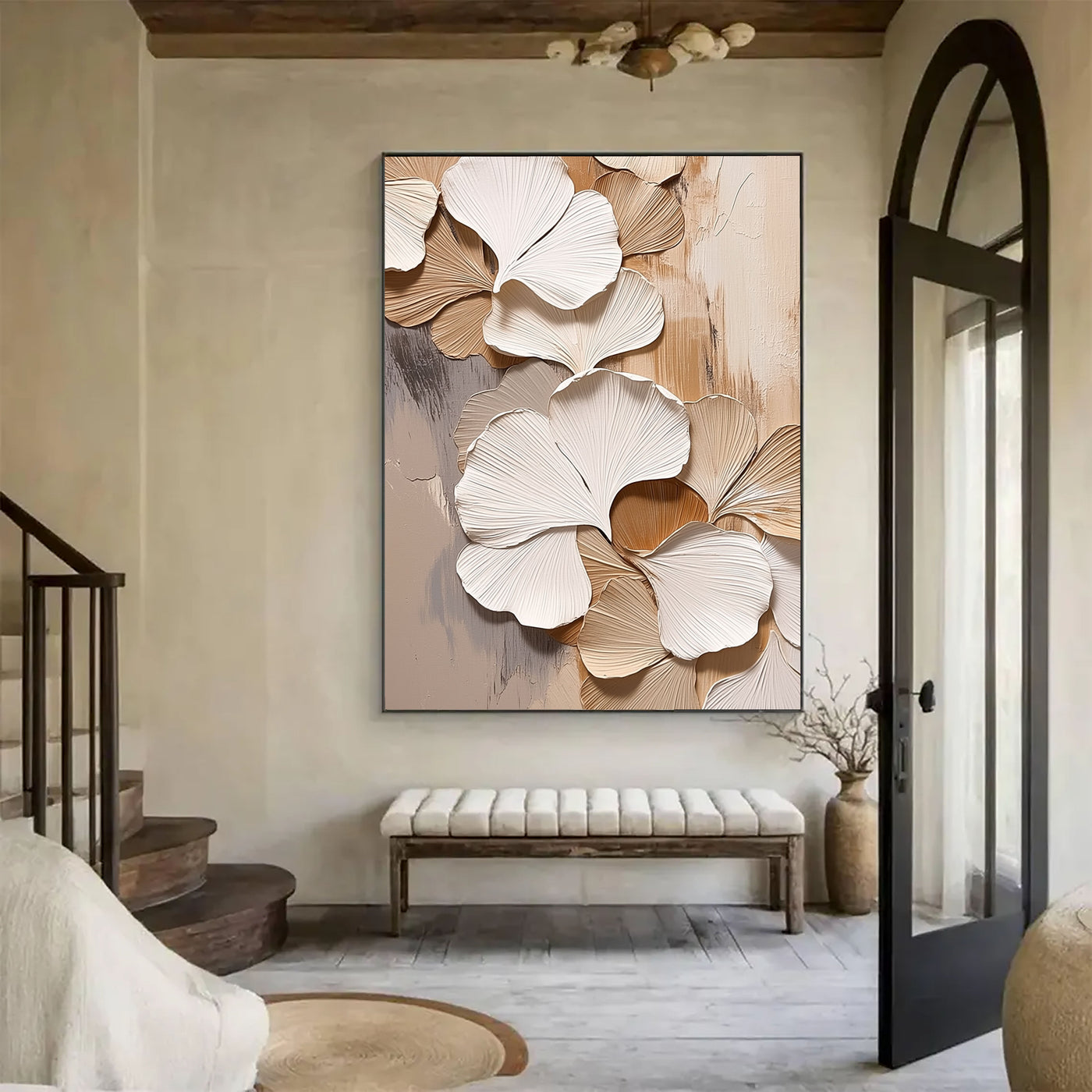 Strukturierte Ginkgo-Blätter | Beige-Weiß