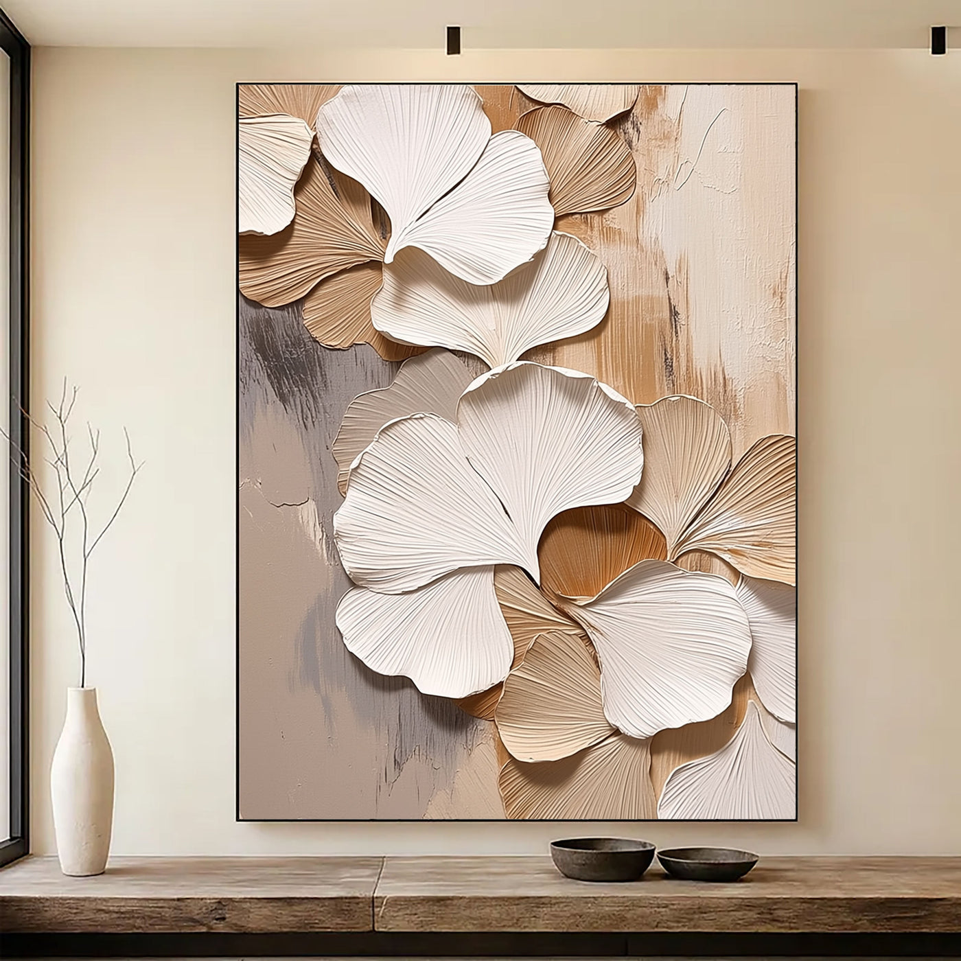 Strukturierte Ginkgo-Blätter | Beige-Weiß