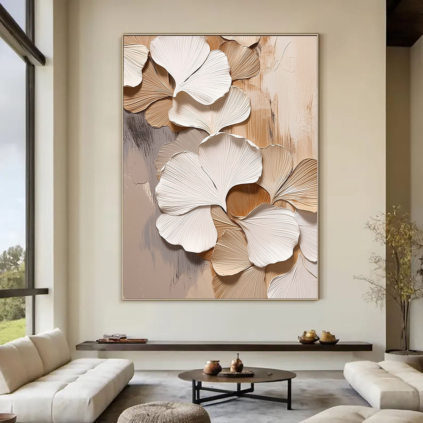 Strukturierte Ginkgo-Blätter | Beige-Weiß