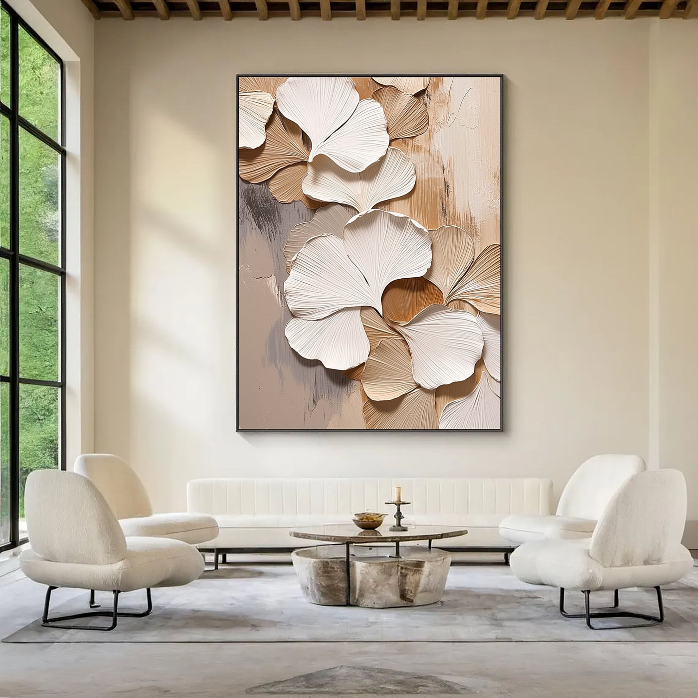 Strukturierte Ginkgo-Blätter | Beige-Weiß