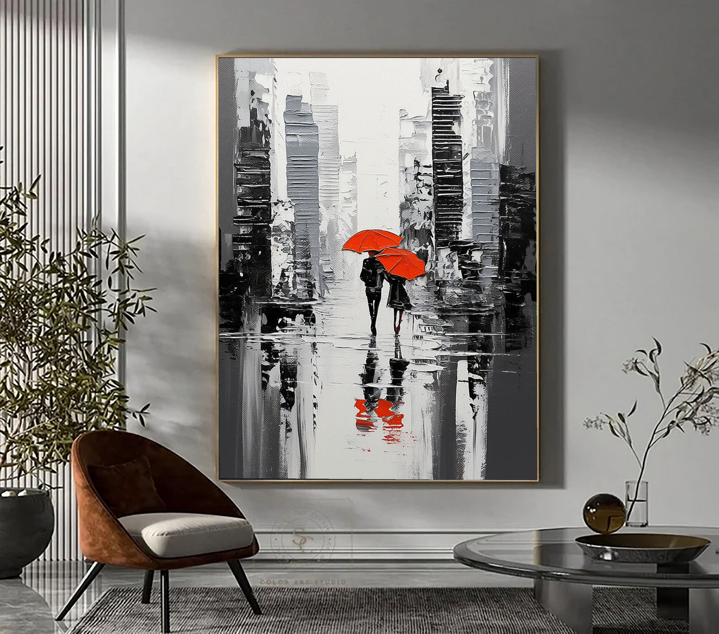 Textured Urban Rain | Red Umbrellas