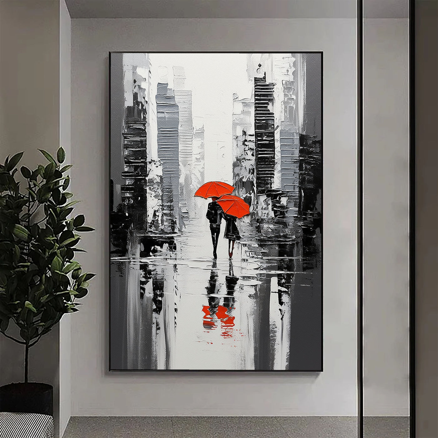 Textured Urban Rain | Red Umbrellas