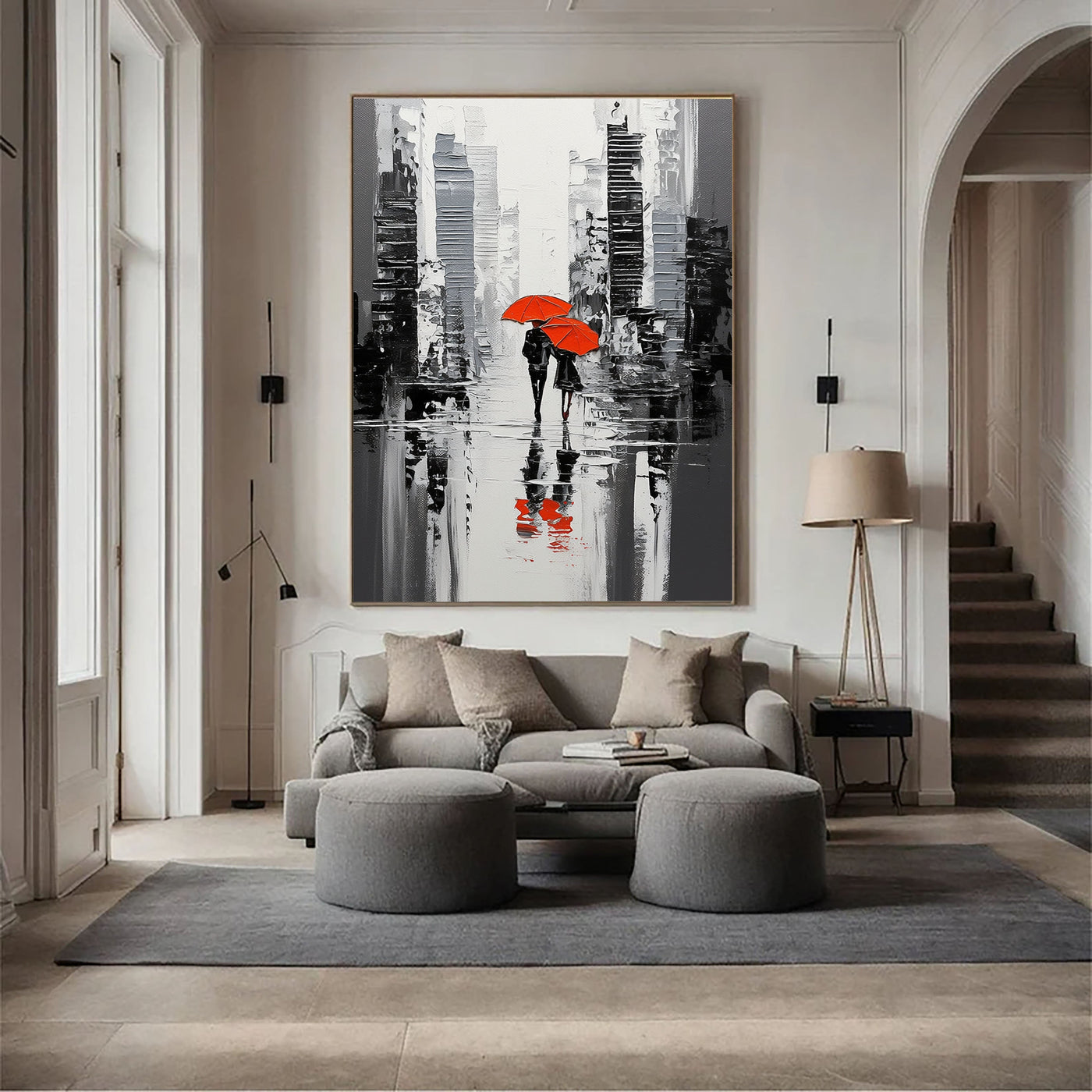 Textured Urban Rain | Red Umbrellas