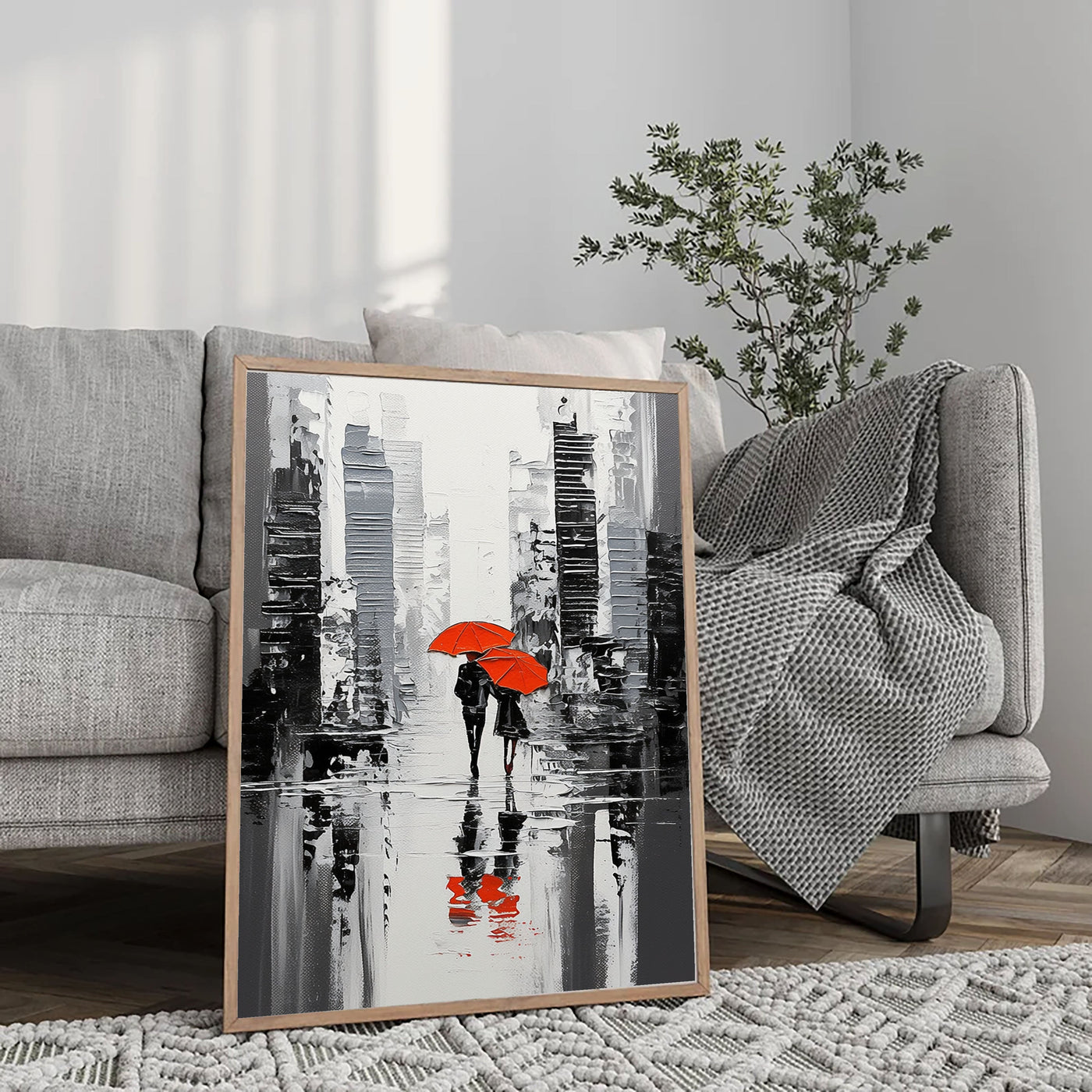 Textured Urban Rain | Red Umbrellas