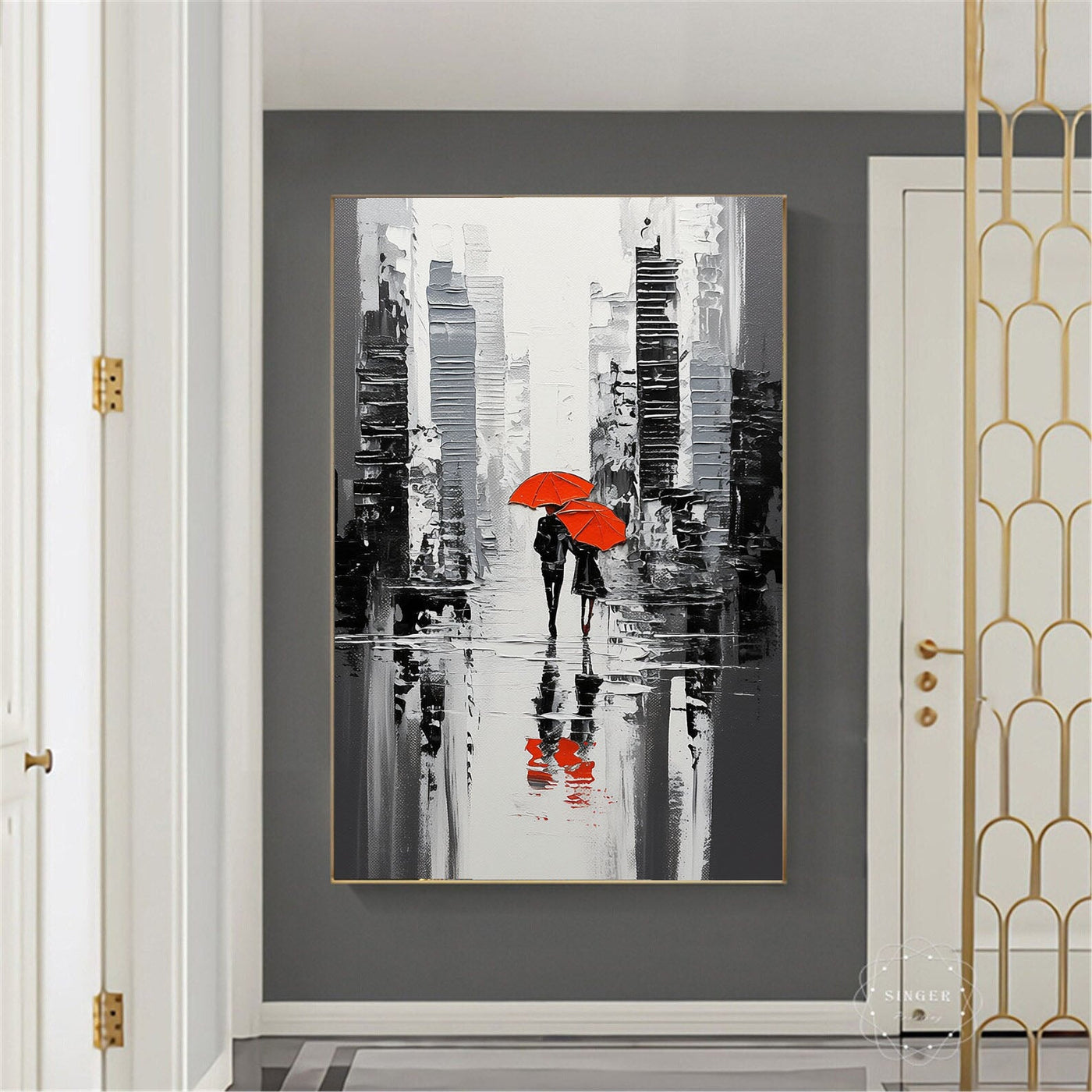Textured Urban Rain | Red Umbrellas