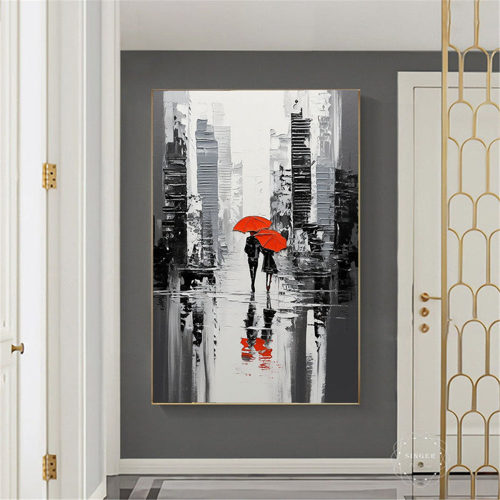 Textured Urban Rain | Red Umbrellas