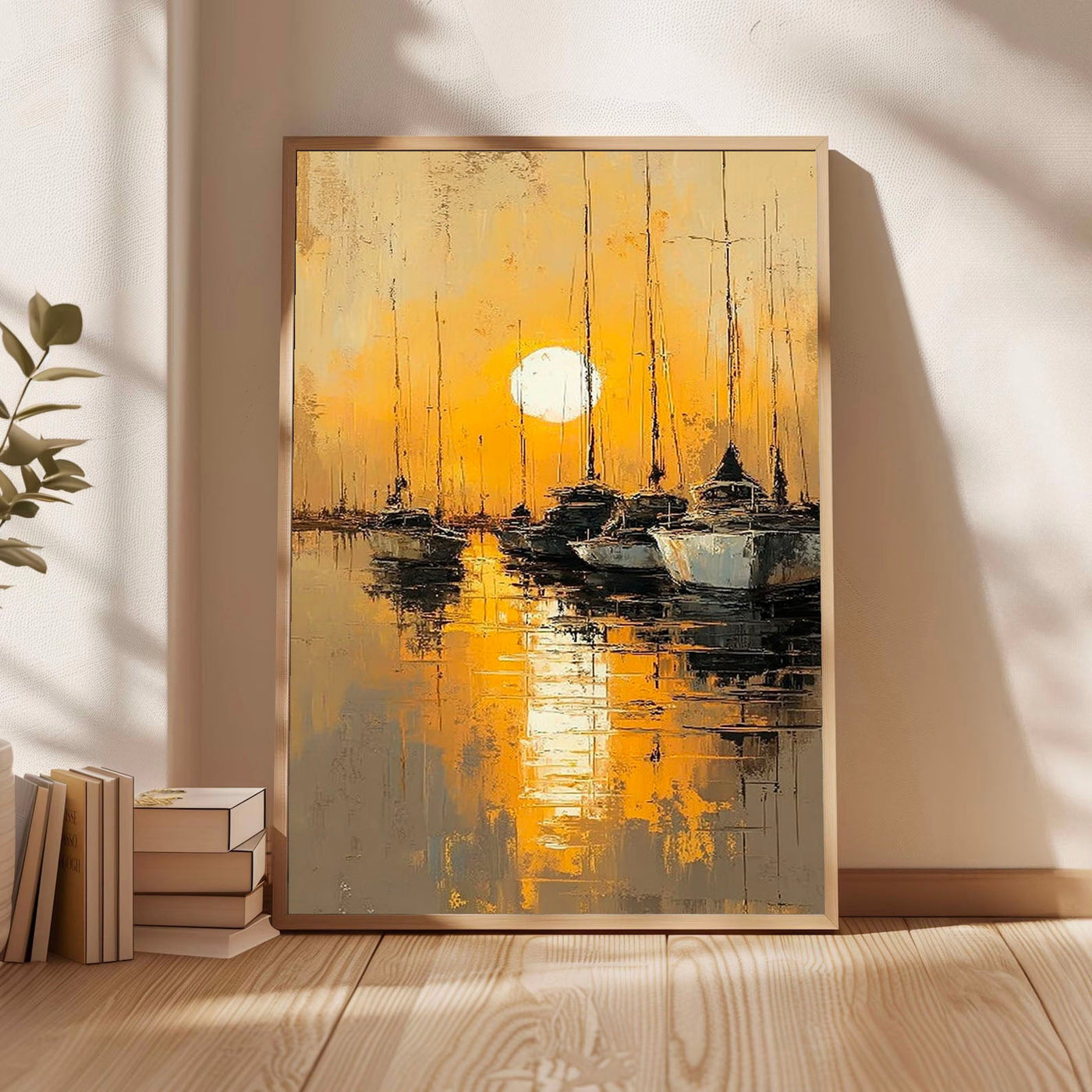 Golden Harbor Stillness | Moonlit Masts