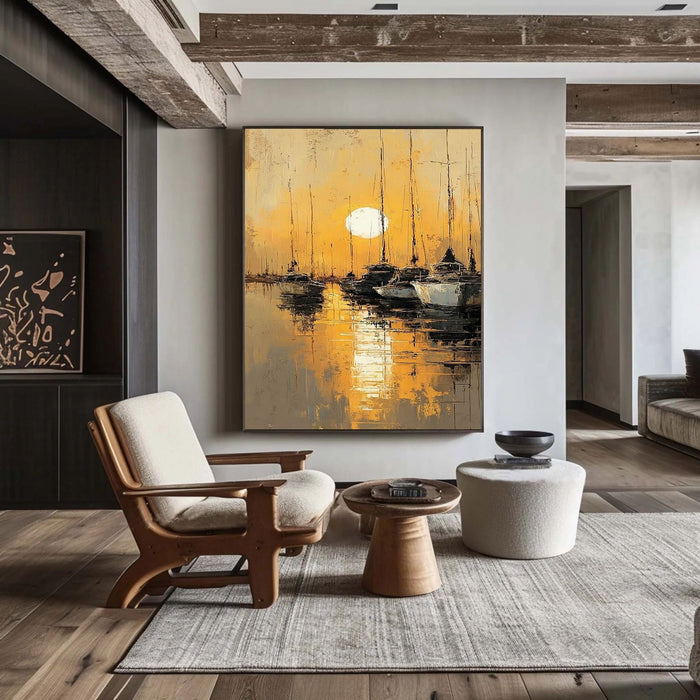 Golden Harbor Stillness | Moonlit Masts