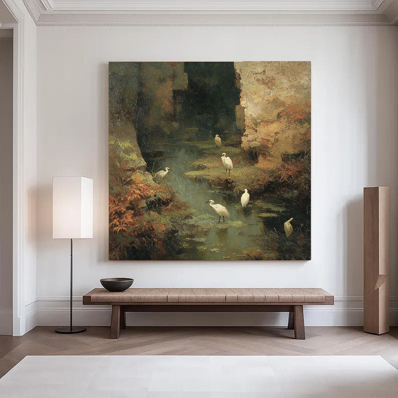Textured Wetland Serenity | White Herons