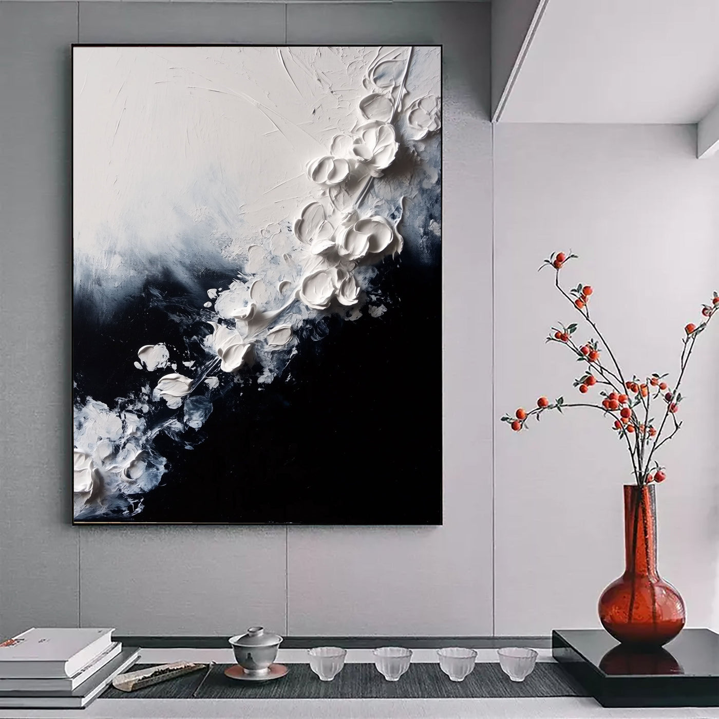 Textured Floral Cascade | White Black