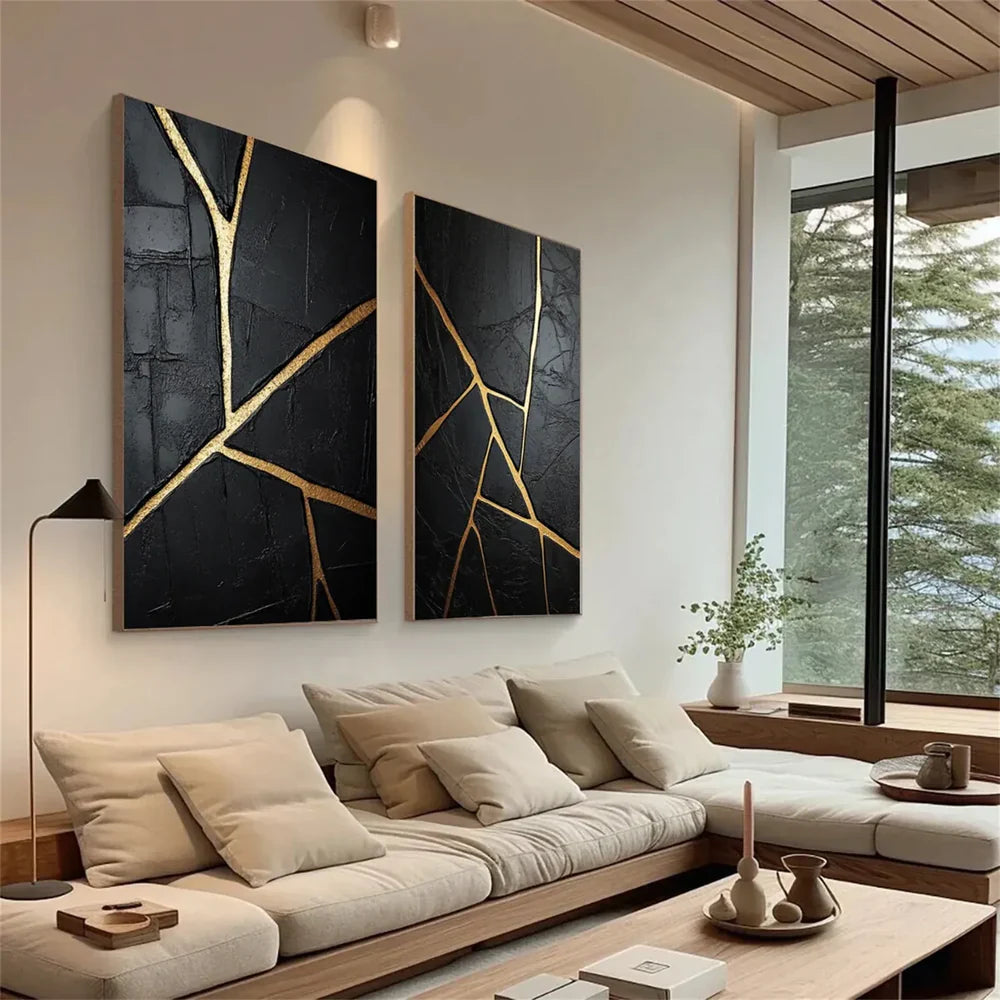 Black and Gold Minimalist Textured Wall Art Set of 2 #MT055
