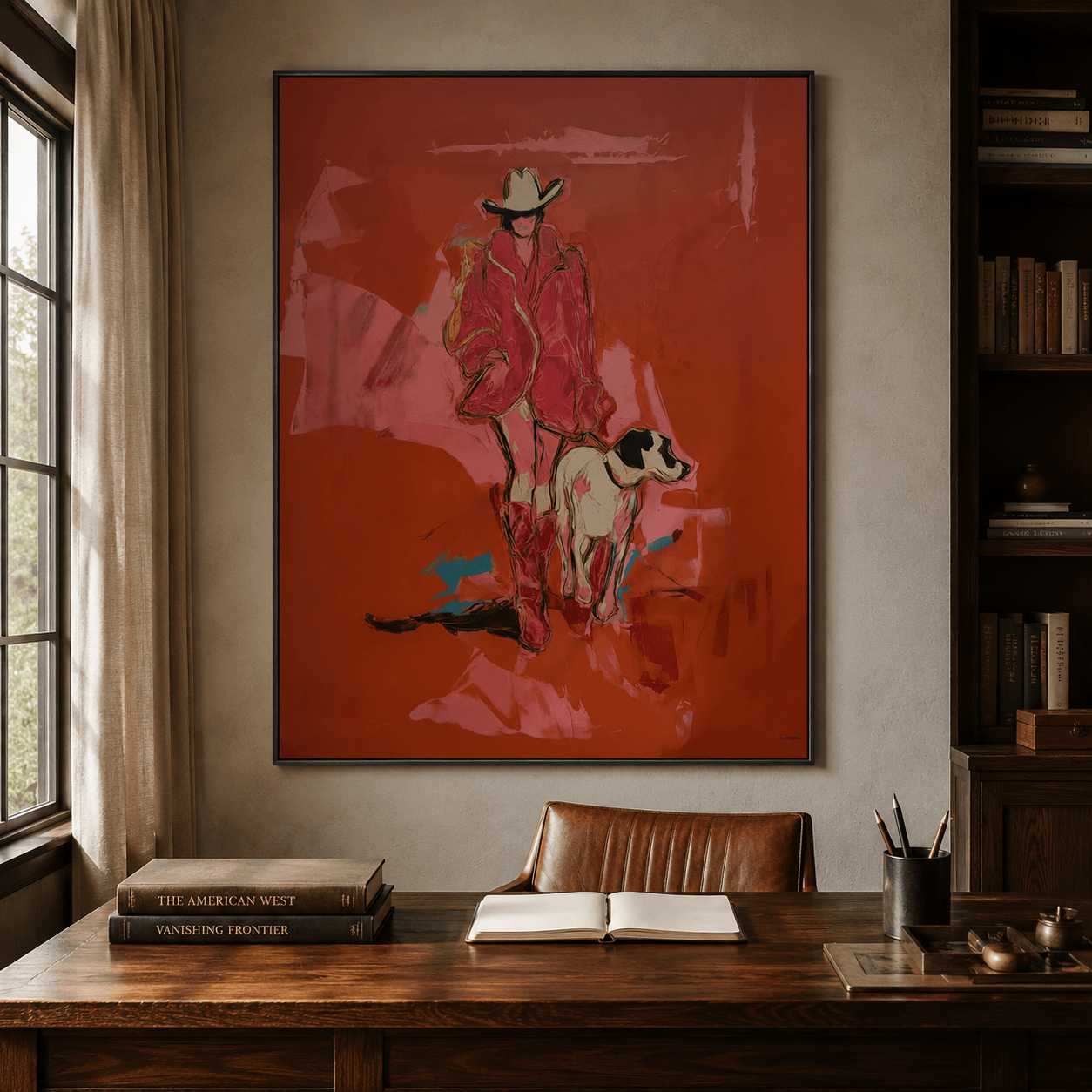 Amerikanische Vintage-Kunst | Cowgirl-Hundespaziergang