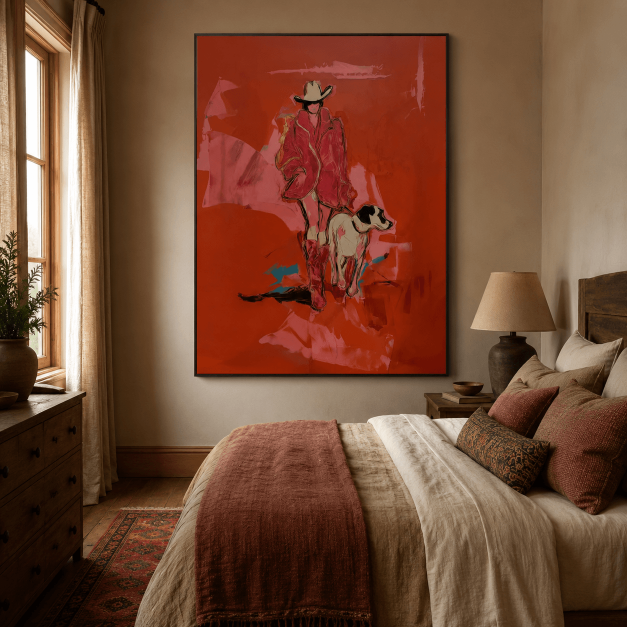 Amerikanische Vintage-Kunst | Cowgirl-Hundespaziergang