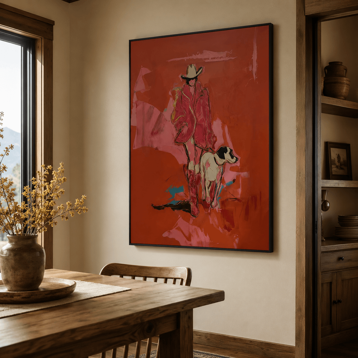 Amerikanische Vintage-Kunst | Cowgirl-Hundespaziergang