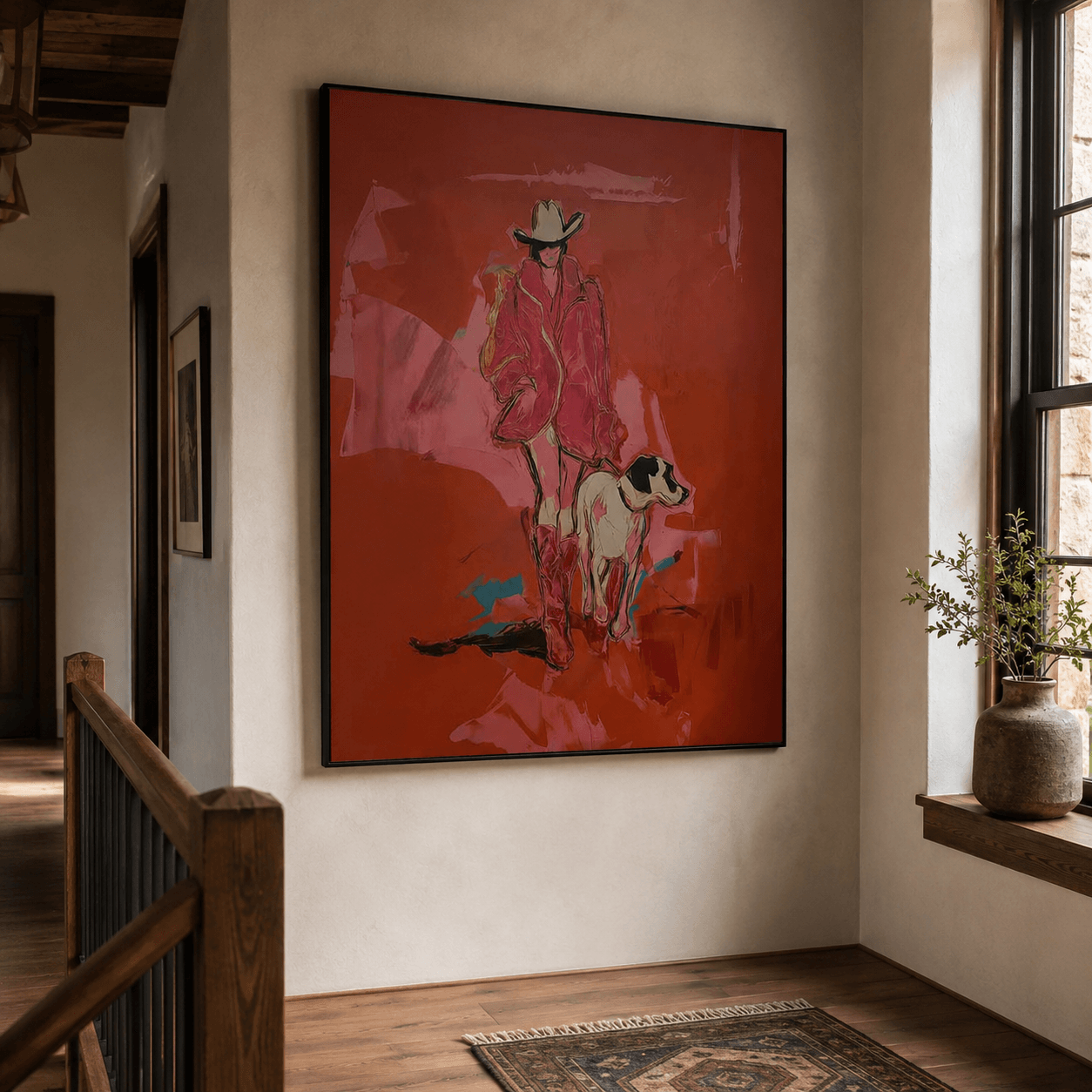 Amerikanische Vintage-Kunst | Cowgirl-Hundespaziergang
