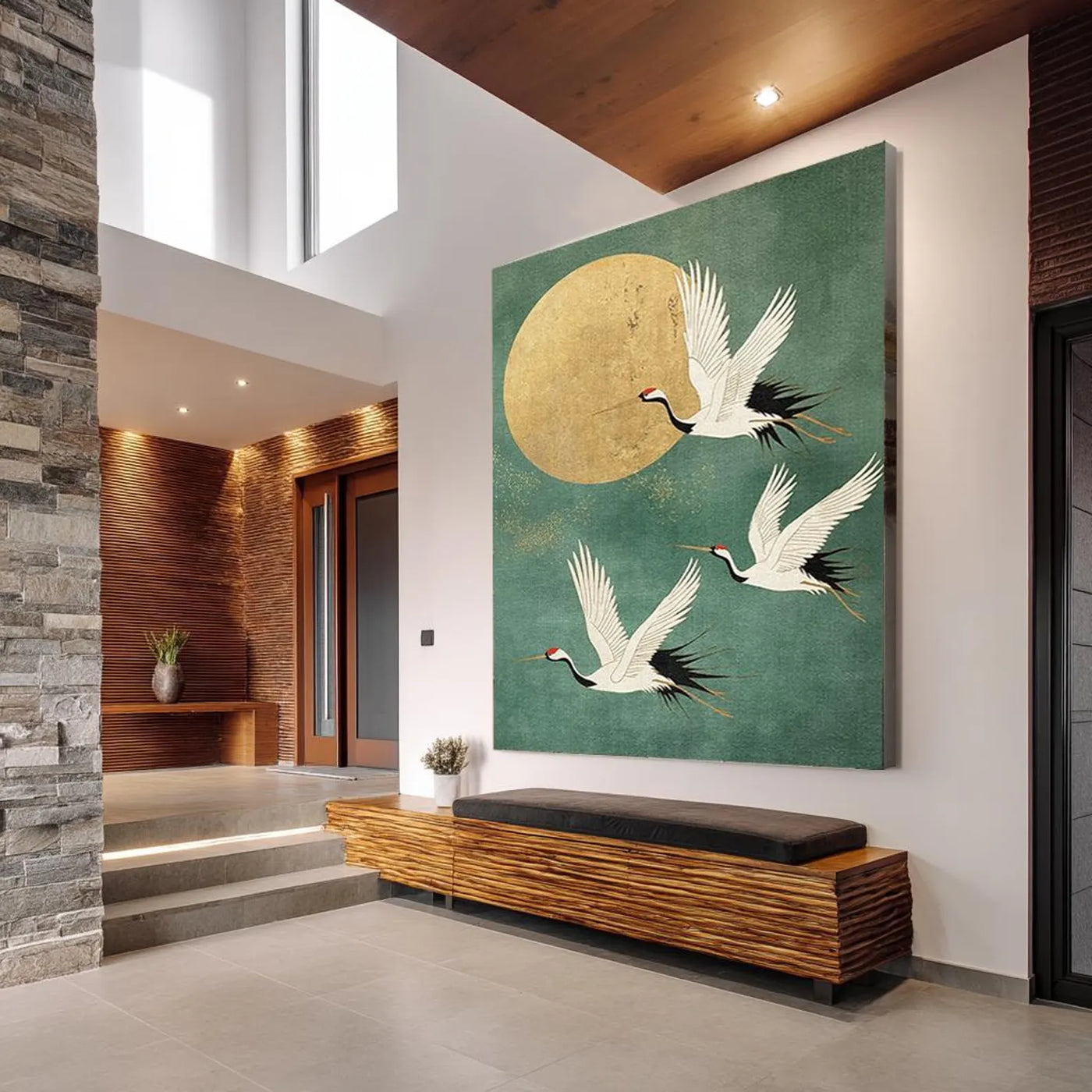 Eastern Crane & Golden Moon Art | Timeless Grace
