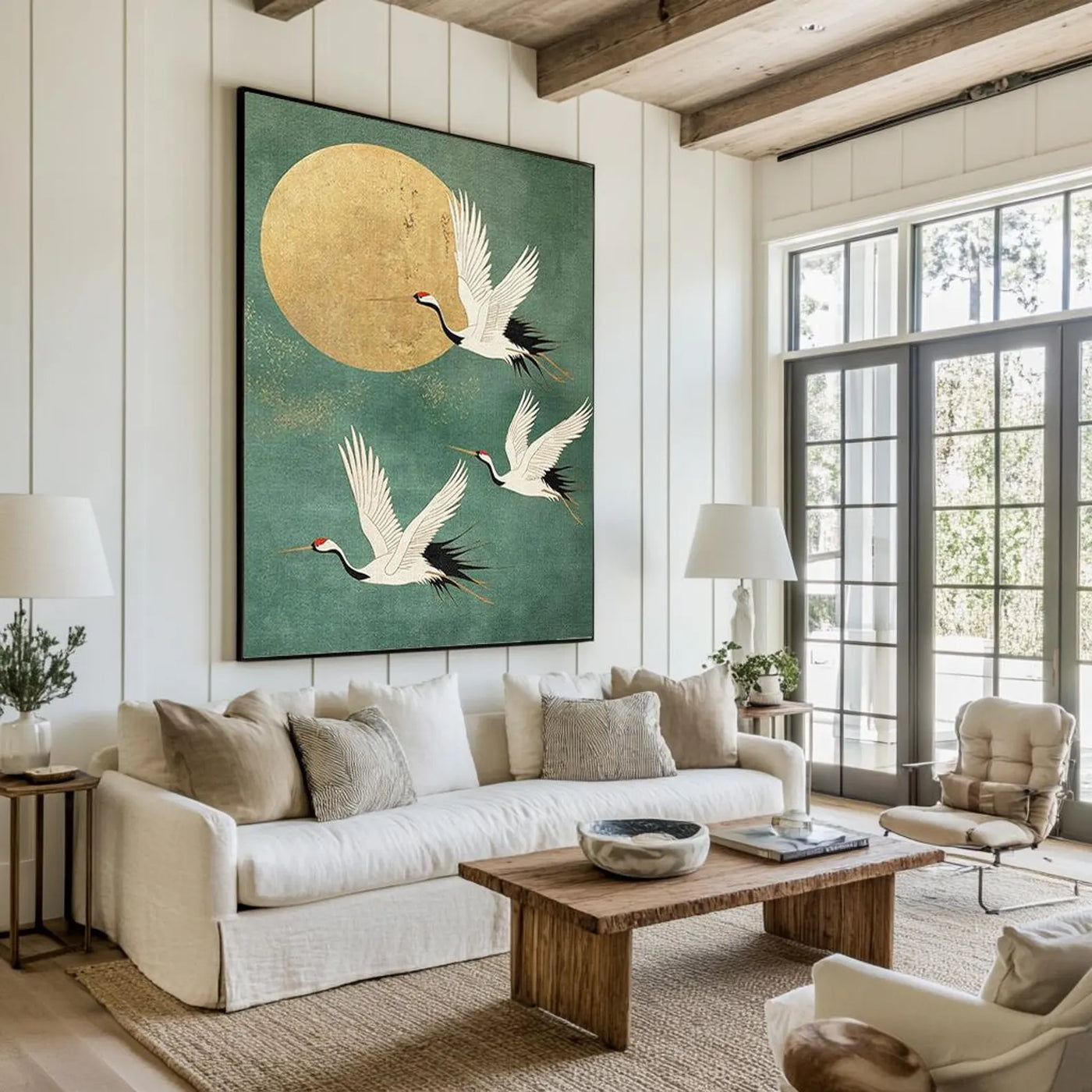 Eastern Crane & Golden Moon Art | Timeless Grace