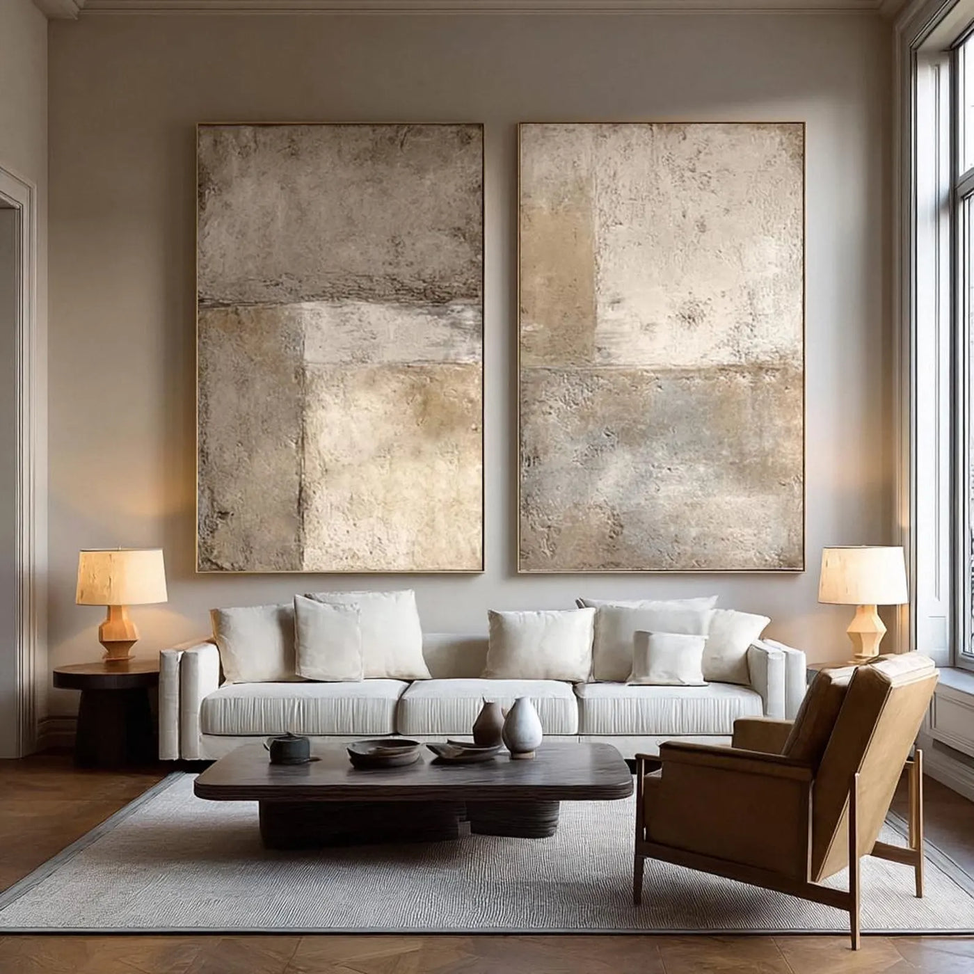 Aged Textured Panels | Beige Diptych