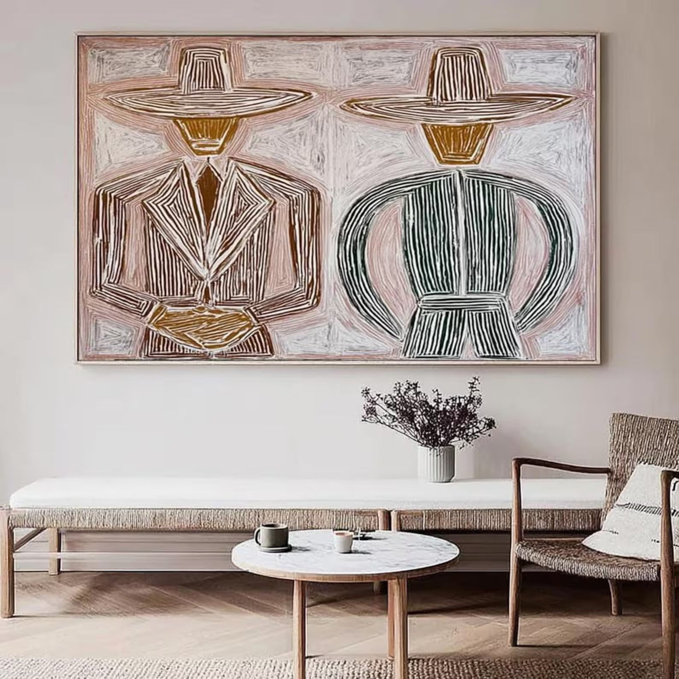 Stylized Hat-Clad Figures | Warm Hues