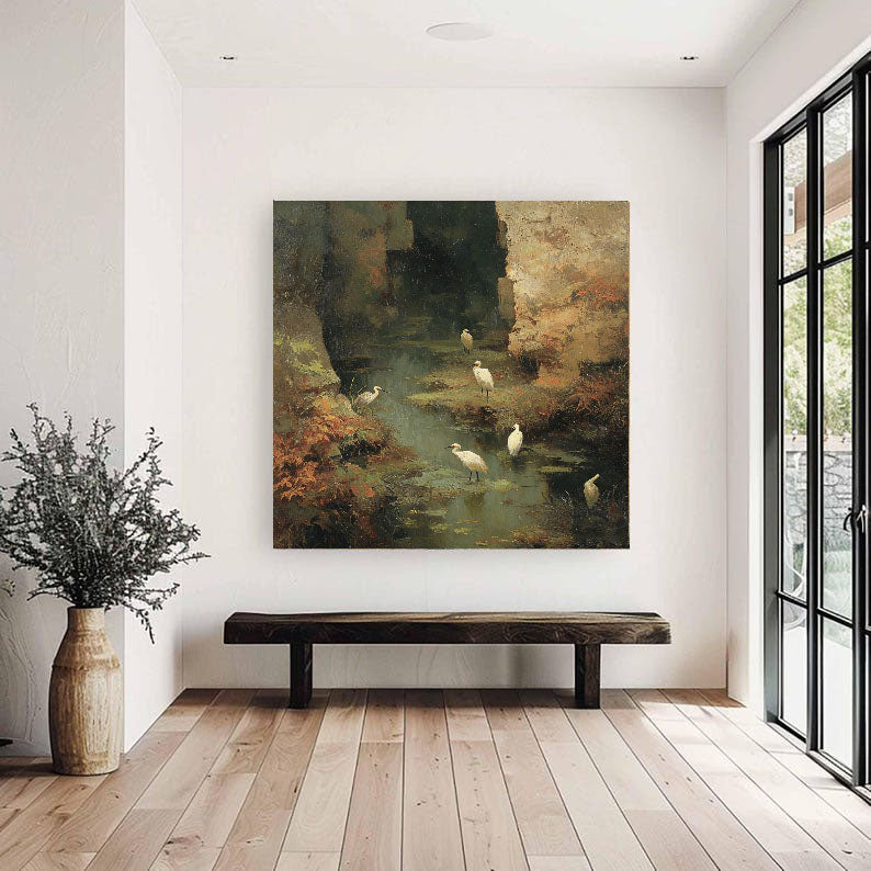 Textured Wetland Serenity | White Herons